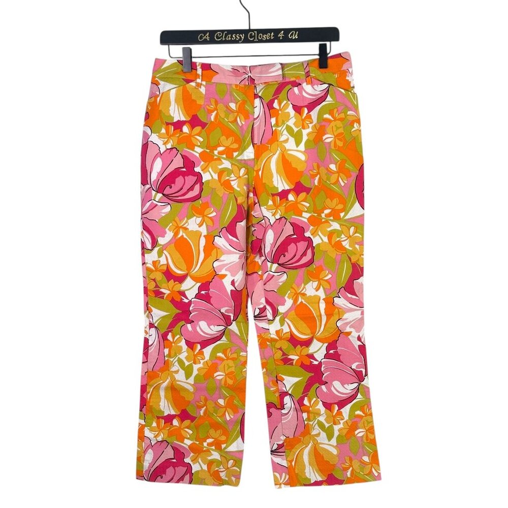 G Signature Floral Capri Pants Sz 8 Pink Orange Cotton Blend